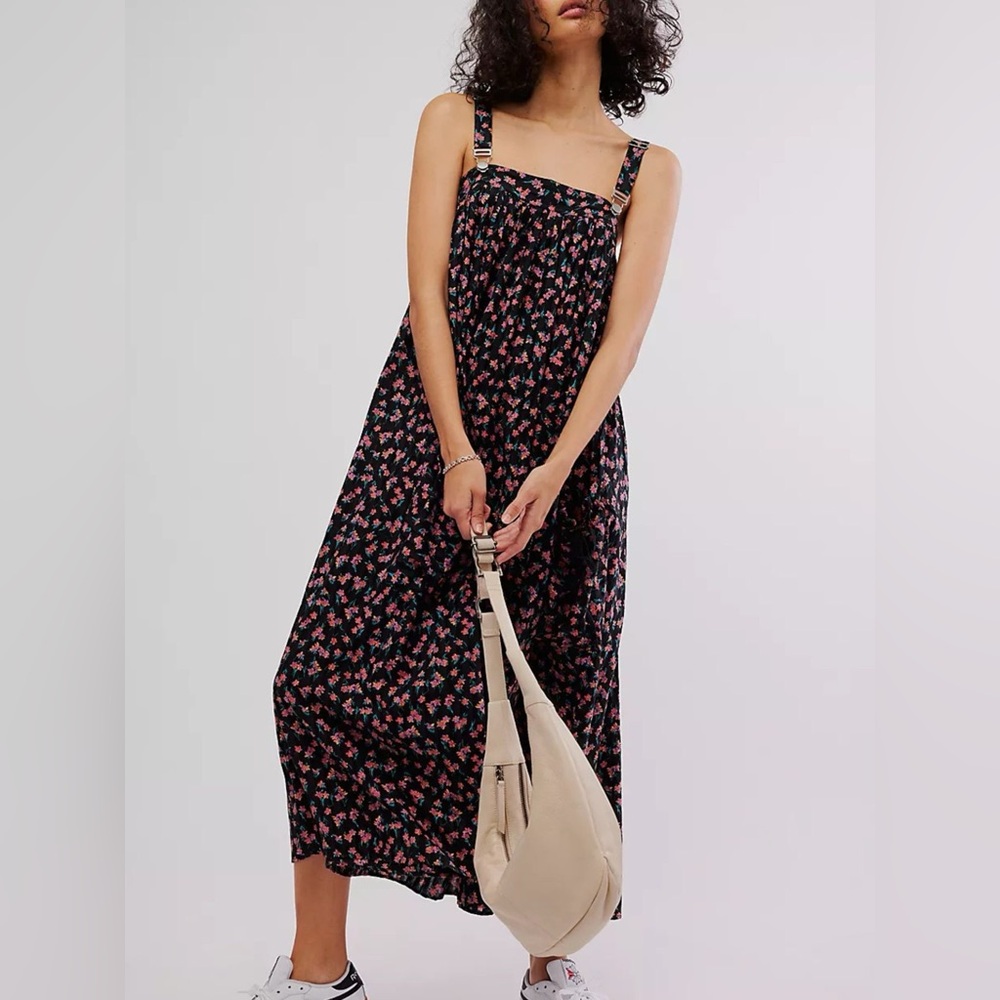 NWT Floral Black Summer Midi Dress w/ Pockets & Adjustable Straps Size S-L